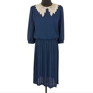Vintage 70s Union Made VLP Womens Cottagecore Blue Blouson Lace Midi Dress sz 10